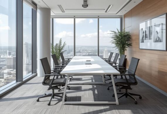 Modern office conference room with large windows, meeting table, and city skyline view