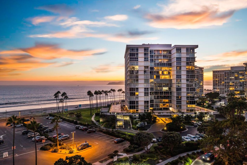 Beachfront apartment buildings at sunset