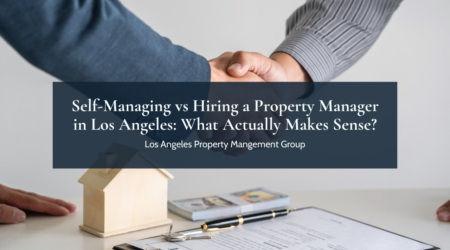 Handshake over a desk with real estate documents and a house model. Text overlay discusses pros and cons of property management in Los Angeles.